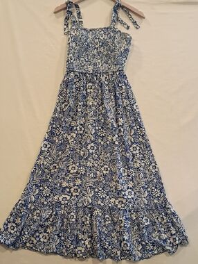 Blue and White Floral Tie-Shoulder Flowy Maxi Dress Sundress Size Small